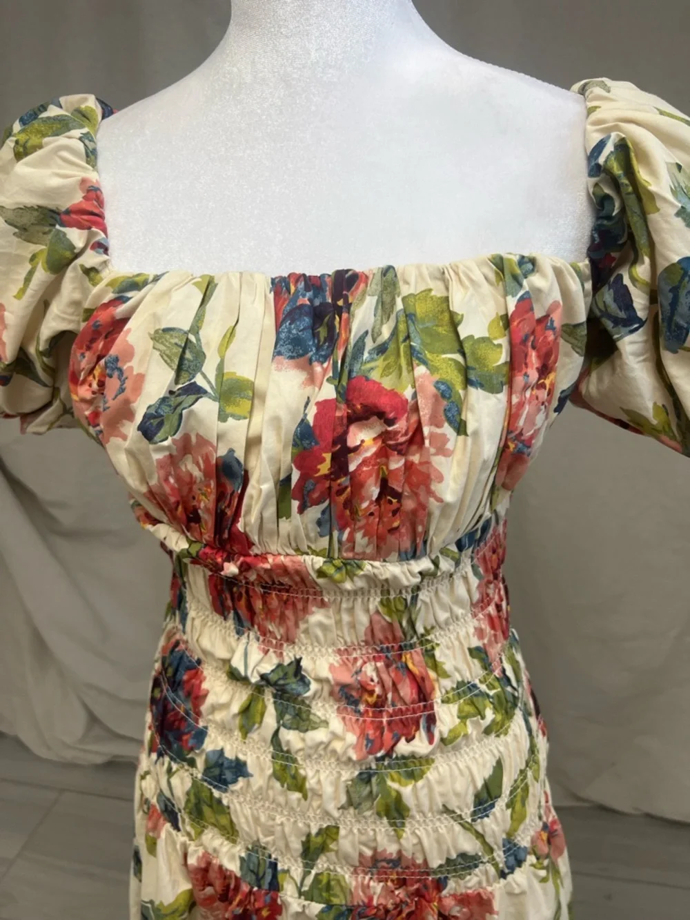 Anthropologie Floral Maxi Dress Puff Sleeve Smocked Sz XS Cottagecore Boho Cream - Picture 5 of 11